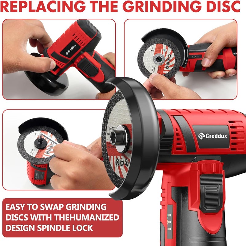 Creddux Cordless Angle Grinder, 3 Inch Mini Angle Grinder Tool With 2pcs 16.8V 2000mAh Batteries and 5 Grinding Wheel,19500rpm Metal Grinders for Cutting, Grinding and Polishing Red - Image 3